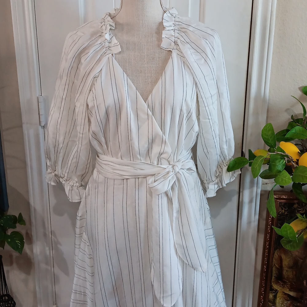 Maison Tara Pinstripe 3/4 Sleeve A-Line Faux Wrap Belted Dress Size 12"